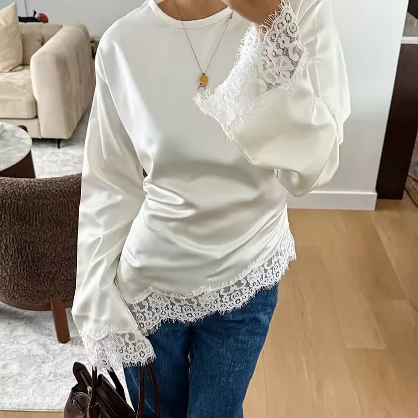 Elegant Satin Lace Patchwork Tops Women 's Slim Belted Waist-cinching O-neck Long Sleeves Female Shirt 2026 Spring Lady Fashion