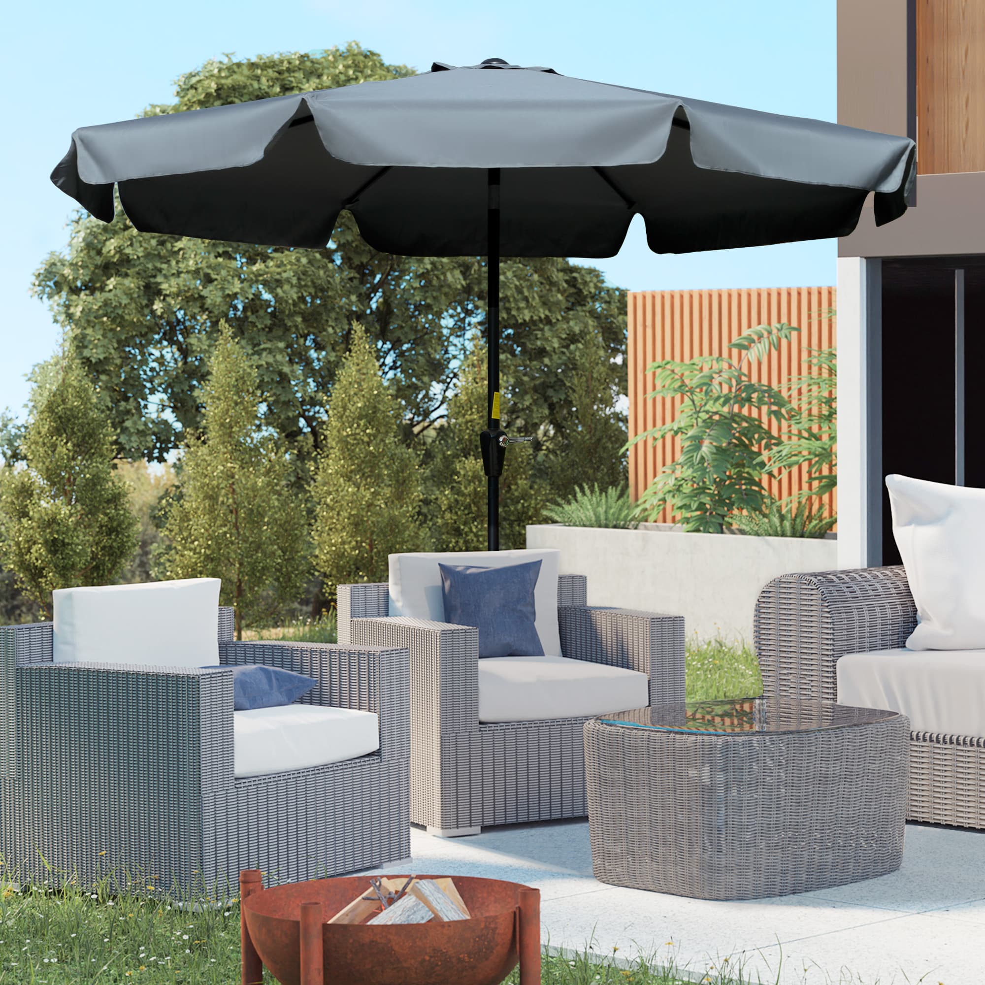 Outsunny Market Umbrella: 8.5ft Sun Umbrella Outdoor Tilt UV-Resistant Ruffled Crank Dark Grey | Aosom Canada