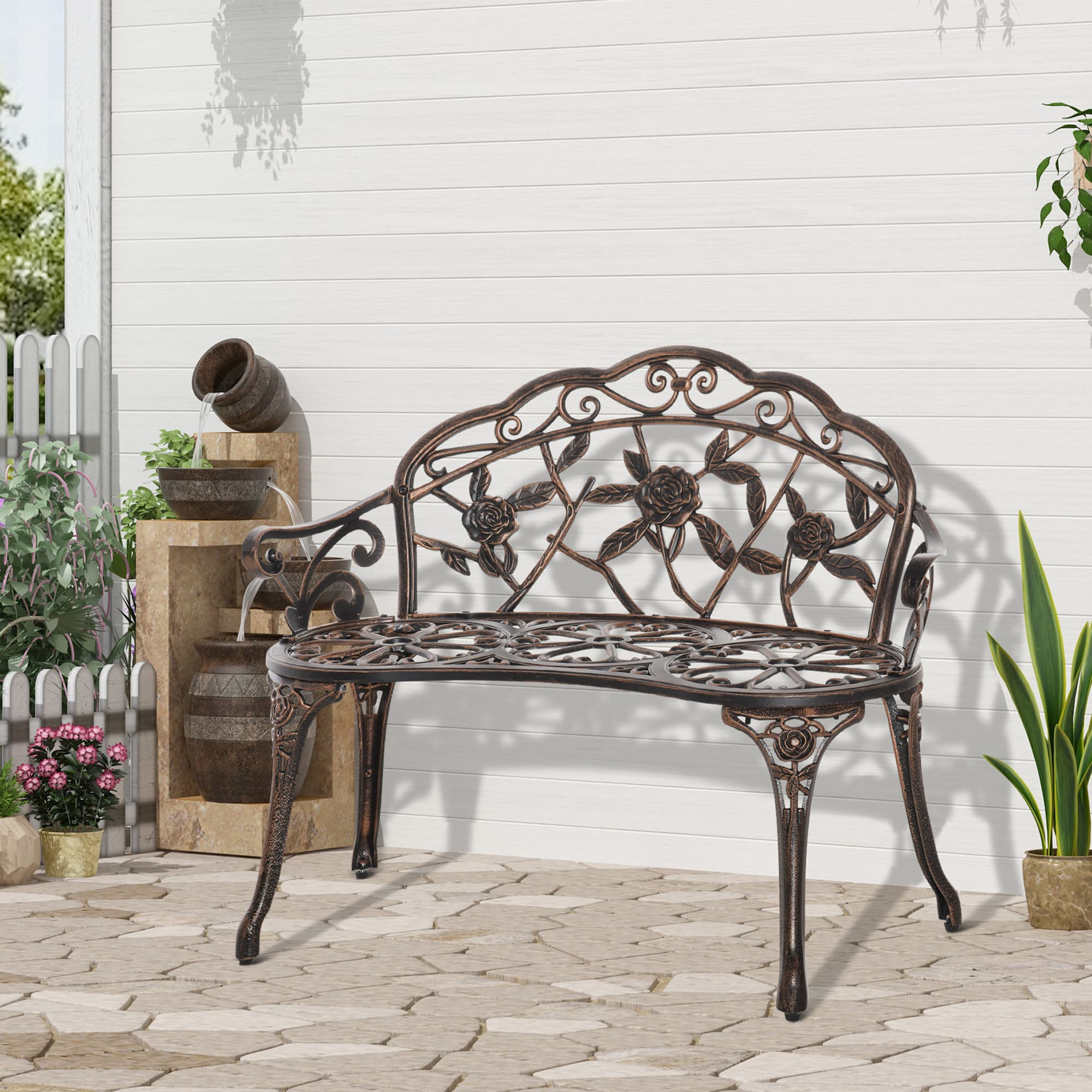 Outsunny Antique Rose Style Cast Aluminum Garden Bench 40" Outdoor Loveseat for Patio Park Backyard Bronze | Aosom Canada
