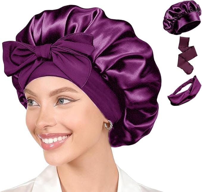 Purple Bonnet Satin Sleep Cap Soft Tie Band Hair Care